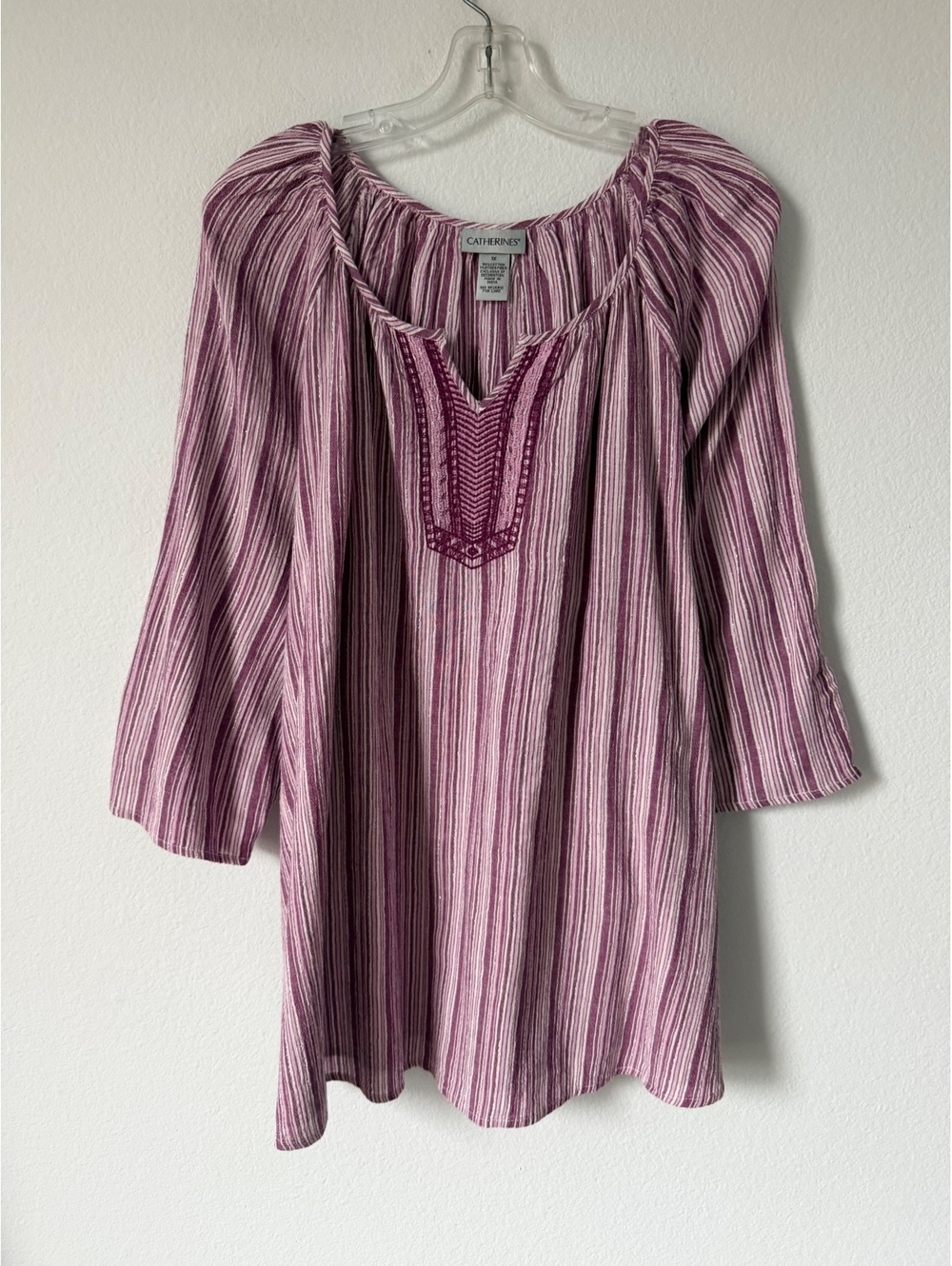 Catherines 3/4 Sleeve Embroidered V-Neck Purple Striped Blouse Women's Size 1X